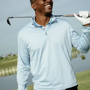 Mens Outdoor Active Breathable Quick Dry Golf Clothes for Men Sky Blue Quarter Zip Pullover Long Sleeve Golf Shirts