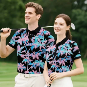 Men’s Performance Golf Polo Shirt Palm Print Moisture-Wicking UV Protection Golf Course Apparel Bulk