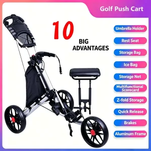Multi functional Storage Seat One Click Brake Quick Fold Golf Course 3 Wheel Golf Push Cart