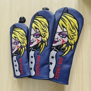 Navy Blue Big Crazy Character Embroidery Golf Headcover Waterproof PU Leather Golf Driver Fairway Hybrid Head Protection Sleeve