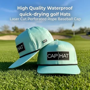 New Fashion Custom Waterproof Polyester Laser Cut 5 Panel Golf Hats Rubber PVC Patch Logo Rope Baseball Hats for Golf Courses
