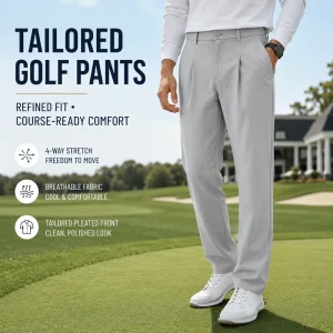ODM 4-way Stretch Pleated Golf Pants Men Light Grey Breathable Refined Fit Athletic Sport Trousers