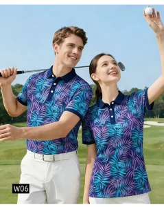 ODM Sun Resistant Wrinkle Free Men’s Lapel Golf Outfit Blue Tropical Print Golf Clothes