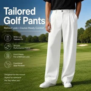 ODM Wide Leg Pleated Tailored Golf Pants Pure White Performance Fabric Comfort Sport Trousers