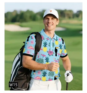 OEM Clothing Factory Lightweight Summer Golf Clothes Light Blue Print Pattern Short Sleeve Polo Shirts for Golf Sports