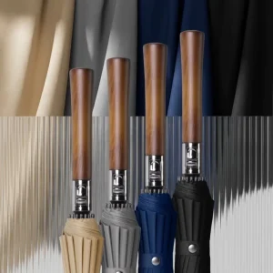 OEM Custom Logo Luxury 16 Ribs Auto Open Solid Wood Handle Fiberglass Windproof Long Straight Business Umbrella for Travel Brand