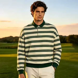 OEM Custom Men Long Sleeve Striped Golf Polo Shirt Green White Rugby Pullover Sweatshirt Cotton Private Label Apparel