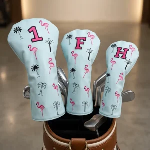OEM Embroidery Flamingo Golf Driver Cover PU Leather Golf Blade Mallet Putter Headcover with Magnet Custom Golf Club Head Covers