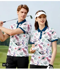 OEM Golf Clothes Golf Polo Shirt Men’s Short Sleeve Button High Stretch Hybrid Fabric Quick Dry UV Protection Clothing