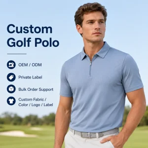 OEM Golf Polo Shirt Mens Light Blue Short Sleeve Quarter Zip Ribbed Breathable Quick Dry Performance Sportswear Golf Polo Shirt