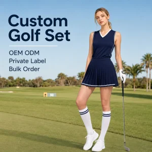 OEM Golf Set Ladies Navy Blue Sleeveless V Neck Top with White Striped Pleated Skirt Breathable Tennis Sportswear Golf Set