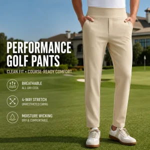 OEM ODM 4-Way Stretch Performance Golf Pants Men Beige Moisture Wicking Breathable Slim Fit Athletic Sport Trousers
