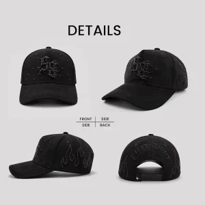 OEM ODM Curved Unstructured Custom Embroidery Logo Flame Rhinestone Adjustable Outdoor Streetwear Gorras Baseball Cap