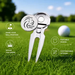 OEM ODM Dual Function Golf Divot Tool Metal Green Repair Tool Pocket Pitch Mark Tool For Golf Gift And Golf Course