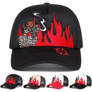 OEM ODM Skeleton Flame Graphic Embroidery Foam Trucker Hat Mesh Factory for Streetwear Brand Cap MOQ 50 Fast 3 Day Sample