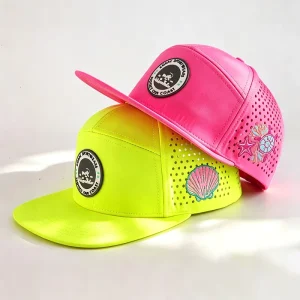 OEM Rubber Patch Performance Perforated Breathable Golf Hat Flat Brim 7 Panel Laser Cut Hole Snapback Cap