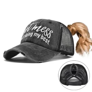 OEM Washed Cotton Ponytail Trucker Hat with Distressed Design Custom Slogan Embroidery BSCI Factory Low MOQ