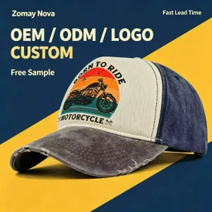 OEM Washed Cotton Trucker Hat with Custom Motorcycle Print Logo Distressed Visor BSCI Factory for Wholesalers Low MOQ Price