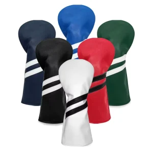 PU Leather Golf Driver Headcover White Stripe Custom Embroidery Logo Golf Wood Covers