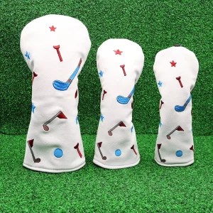 PU Leather Golf Wood Headcover Set Embroidered Club Head Cover Golf Theme Driver Protector