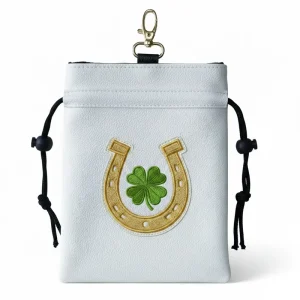 PU Leather Portable Drawstring Golf Ball Pouch with 3D Embroidery and Metal Hook
