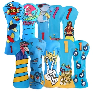 PU Leather Printing Embroidery Blue Golf Headcovers Club Head Cover Driver Golf Accessories