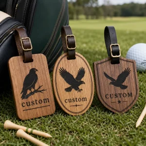 Personalized Custom Wooden Golf Bag Luggage Identification Tags with Eagle Logo Adjustable Leather Strap Golf Accessory
