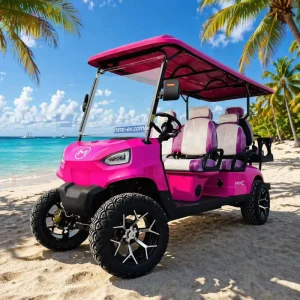 Pink 6 Seater Electric Golf Cart Off Road LSV with LED Headlights All Terrain Tires for Beach Resort Hotel