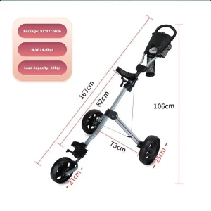 Portable 3 Wheel Aluminium Folding Golf Trolley Easy to Use Push Cart Black 60kg Load Capacity for Golfers