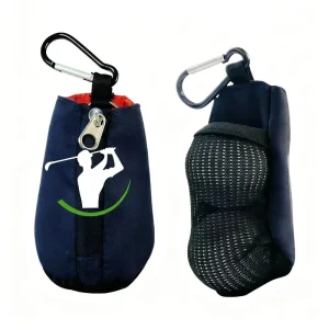 Portable Black Golf Ball Pouch Bag with Carabiner Zippered Golf Ball Holder with Mesh Pocket for Golf Accessories