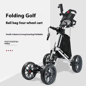 Portable Four Wheel Golf Push Cart Silver Black Foldable Aluminium Frame 25kg Load Capacity 10km h Speed Easy Folding for Golf