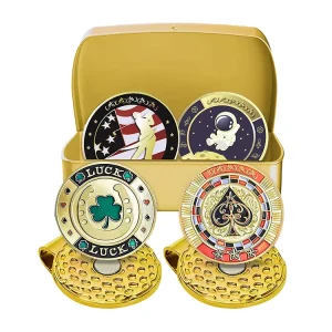 Premium Enamel Golf Ball Marker Set with Magnetic Hat Clip Metal Golf Ball Markers in Gold Tin Box Custom Logo Golf Marker