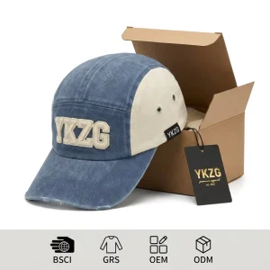 Premium Washed Cotton 5 Panel Camper Hat with Distressed Frayed Edge 3D Puff Patch Embroidery GRS Sustainable Streetwear Design