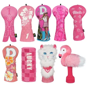 Premium Women’s Golf Headcovers Pink Floral Flamingo Cat Plush PU Leather Driver Fairway Wood Hybrid Ladies Golf Head Covers