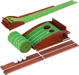 Premium Wooden Golf Putting Mat Indoor Training Aid Portable Golf Putting Green with Auto Ball Return for Home and Office