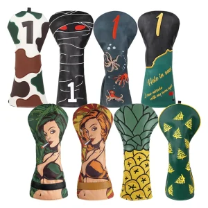 Printed Embroidered PU Leather Golf Driver Club Head Cover