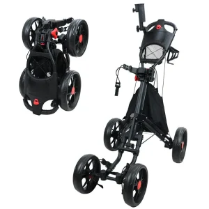 Professional Aluminium 4-Wheel Golf Push Cart Stable Folding Quad with Adjustable Handle and Umbrella Holder for Course