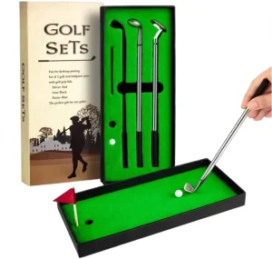 Promotion Original Fun Metal Mini Golf Pen Gift Set Table Toys Hitting Mats