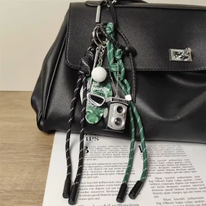 RW Trendy Cool Punk Design Small Golf Pendant Rock Roll Camera Keychain Rope Tassel Bag Charms With Black Rubber Tie