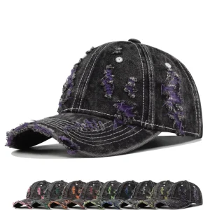 Ripped Denim Baseball Cap with Colorful Frayed Edges Vintage Distressed Snapback Hat for Men & Women Fashionable Couple Caps