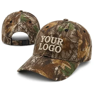 SHINY OEM Custom 3D Embroidery Logo 100% Cotton Baseball Cap Realistic Tree Camo Hunting Hat with Embroidered Eyelets