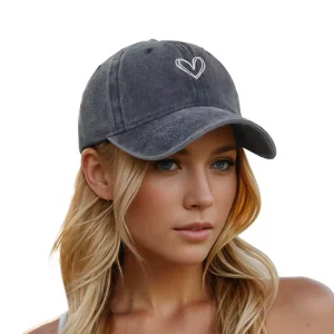 Soft 100% Cotton Dobby Formal Grey Baseball Cap with White Heart Embroidery Gold Copper Buckle Adjustable Women’s Vintage Casual