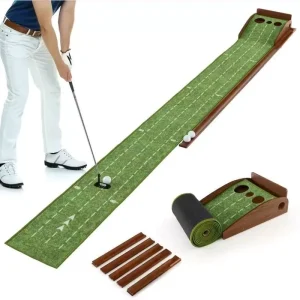 Solid Wood Golf Practice Mat Putting Indoor Golf Training Aids Practice Putting Equipment with Ball Return