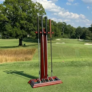 Solid Wood Golf Putter Stand Holds 4 Putters Cherry Finish for Home Office Simulator Display