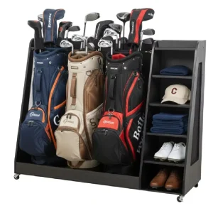 Solid Wooden Golf Club Holder Heavy Duty Professional Golf Organizer Extra Wide Storage Rack on Wheels