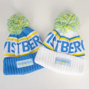 Sports Team Golf Merchandise Designer Custom Embroidery Logo Striped Jacquard Knit Pom Pom Beanie Bobble Hat with Woven Patch