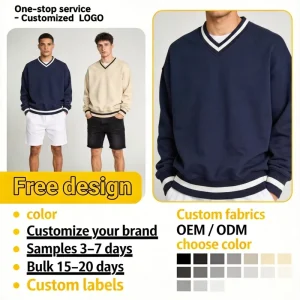 Streetwear Jersey Athletic Golf Shirts Custom Full Sleeve Polyester Cotton Quick Dry Boxy Fit Men’s V Neck Hoodie Sweatshirts
