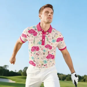 Summer Athletic Golf Top Red Tropical Flower Digital Print Golf Polo Shirts with Breathable Quick Dry