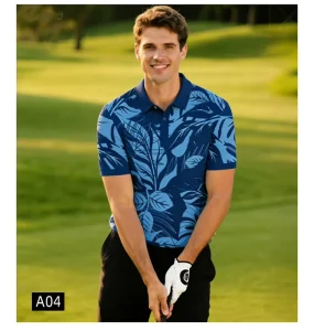 Summer Blue Color Pattern Golf Clothes Manufacturer Four-Way Stretch Fabric Golf Polo Shirts for Golf Sports