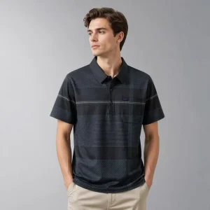 Summer Men’s Business Casual Golf Shirts Knitted Heat Transfer Printed Striped Breathable Quick Dry Anti Pilling Anti Wrinkle